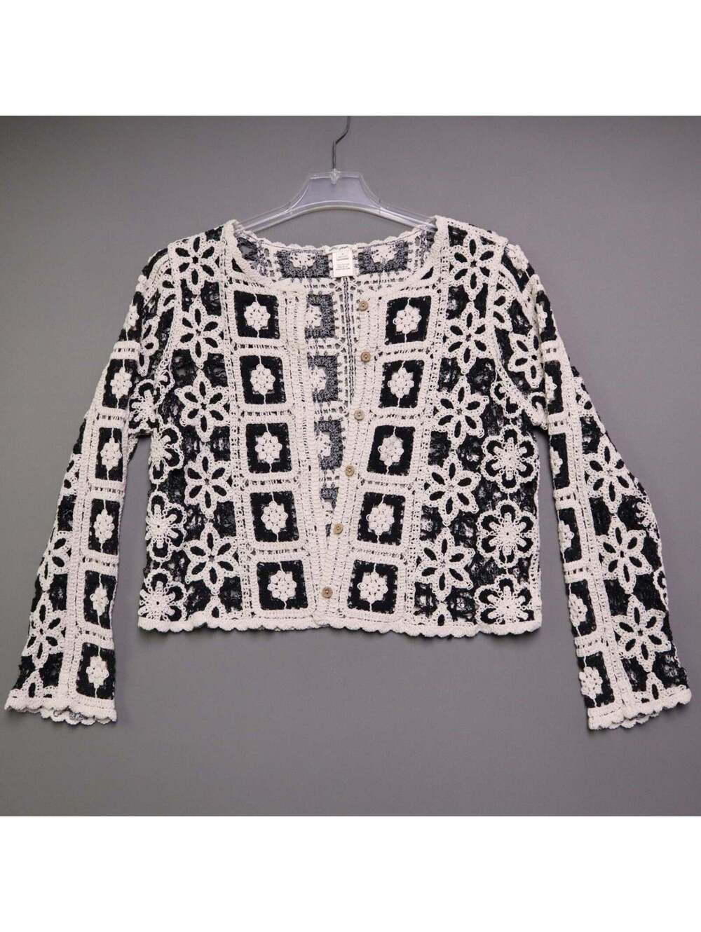 Ultra Pink Medium M Crochet Cardigan Sweater Black Cream Granny Square Boho Open